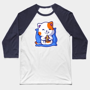 Cute Cat Eating Pizza on Pillow Cartoon Baseball T-Shirt